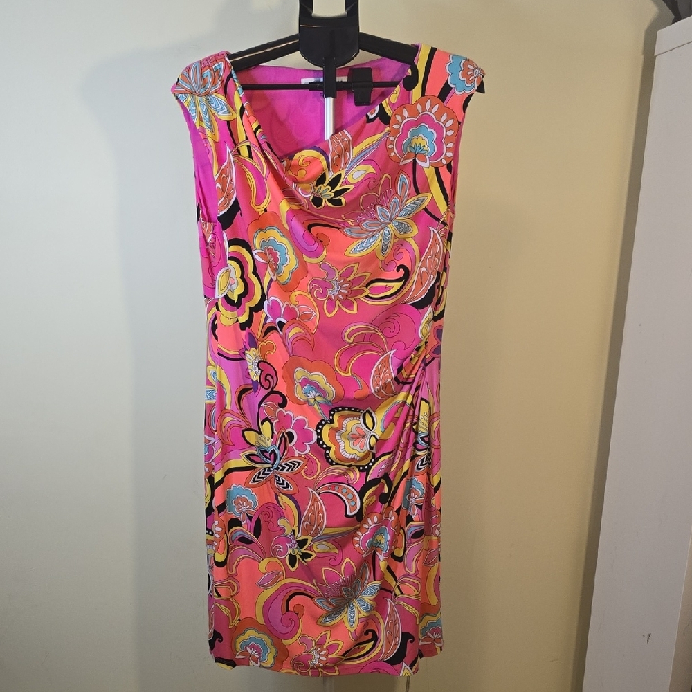 Sleeveless Pink Floral Print Cowl Neck Dress